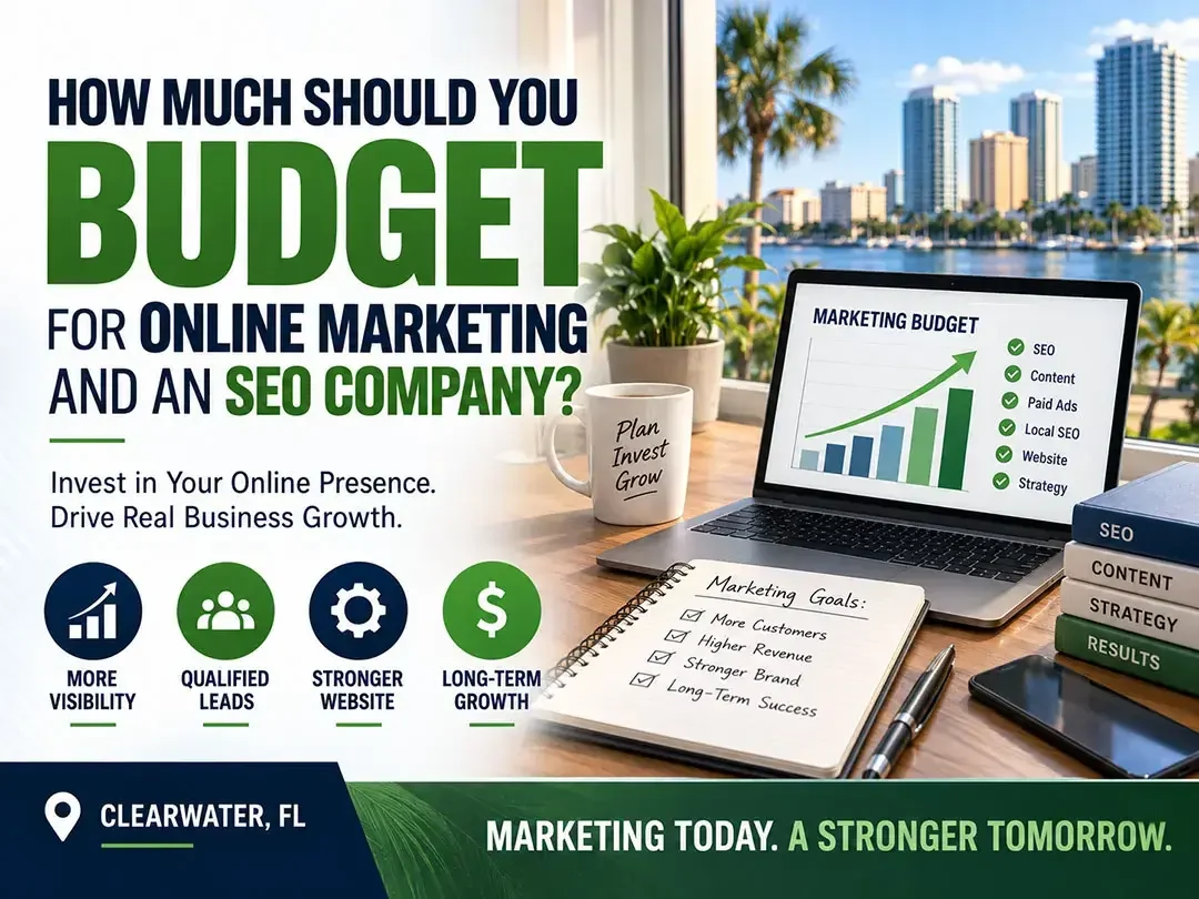 How Much Should You Budget for Online Marketing and an SEO Company? Marketing budget planning setup with laptop, notebook, and coffee cup on desk by a window overlooking Clearwater, FL skyline