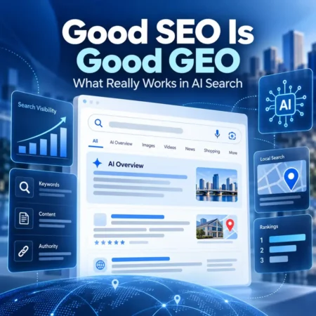 Good SEO Is Good GEO graphic showing Google AI search results and local SEO rankings for Tampa Bay businesses